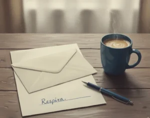 Un respiro para el cuidador de Alzheimer: sobre una mesa de madera, una nota manuscrita con la palabra “Respira” reposa junto a una taza de café humeante, simbolizando el alivio y el apoyo personal que ofrece el equipo de Senderos de Consciencia.